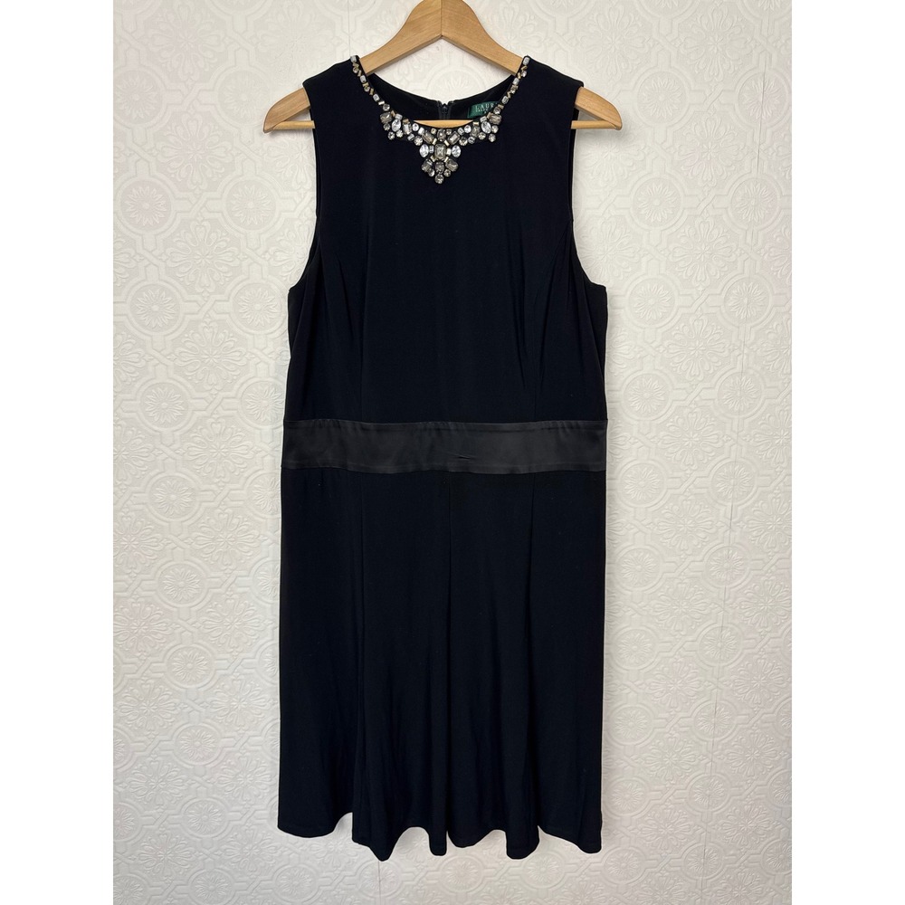 Lauren Ralph Lauren Black Jewel Neck Embellished Cocktail Dress 16 Evening